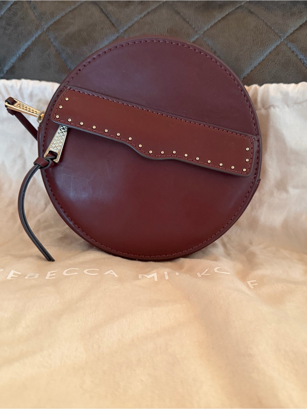 Rebecca Minkoff Wine Round Leather Crossbody with Gold Studs